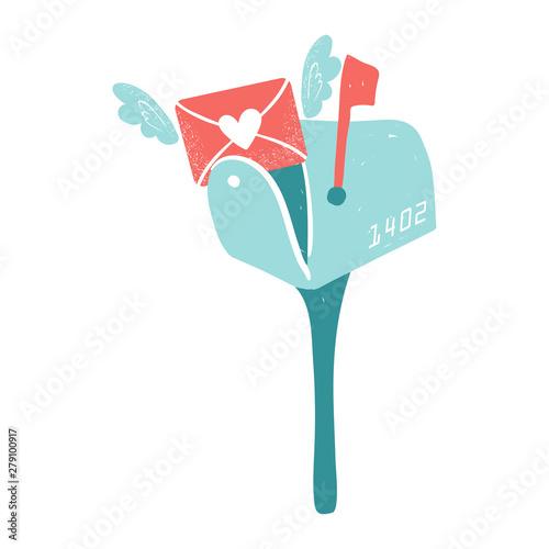 Blue mailbox. Envelope with wings and hearts, love postcard with letters. Valentine's day clip art. Mail delivery concept