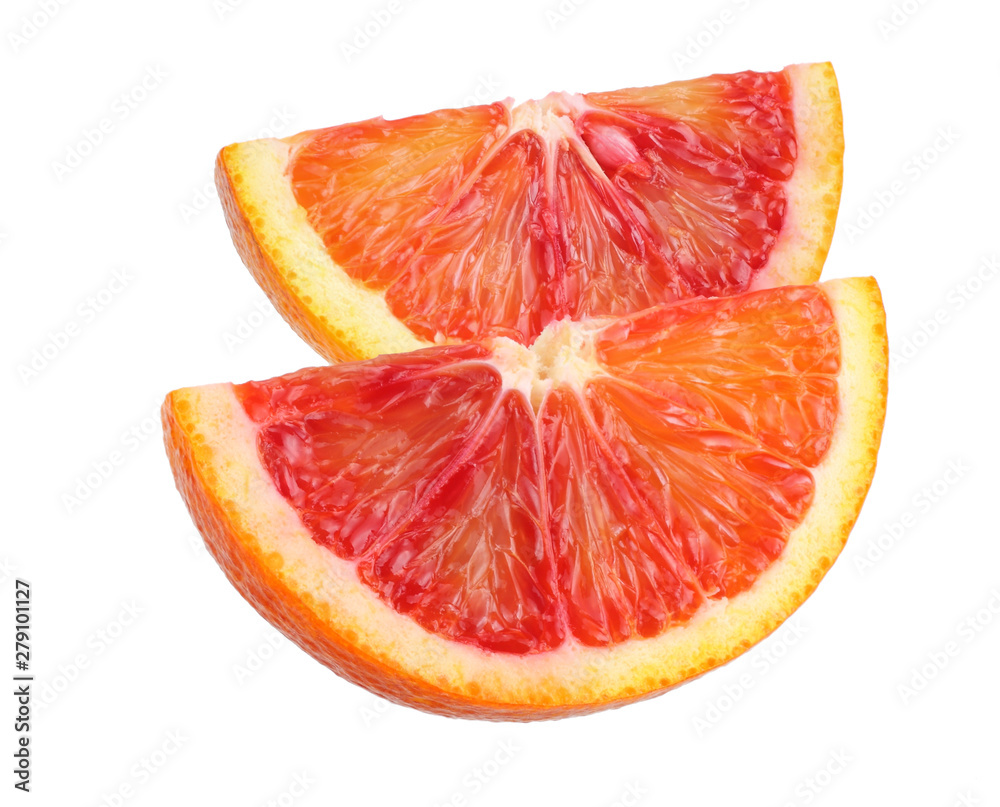 Red blood orange fruit with slices isolated on white background Red blood orange fruit with slices isolated on white background