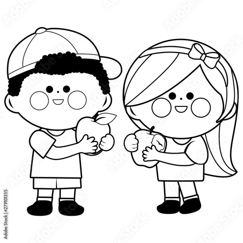 Children eating apple fruits. Vector black and white coloring page.