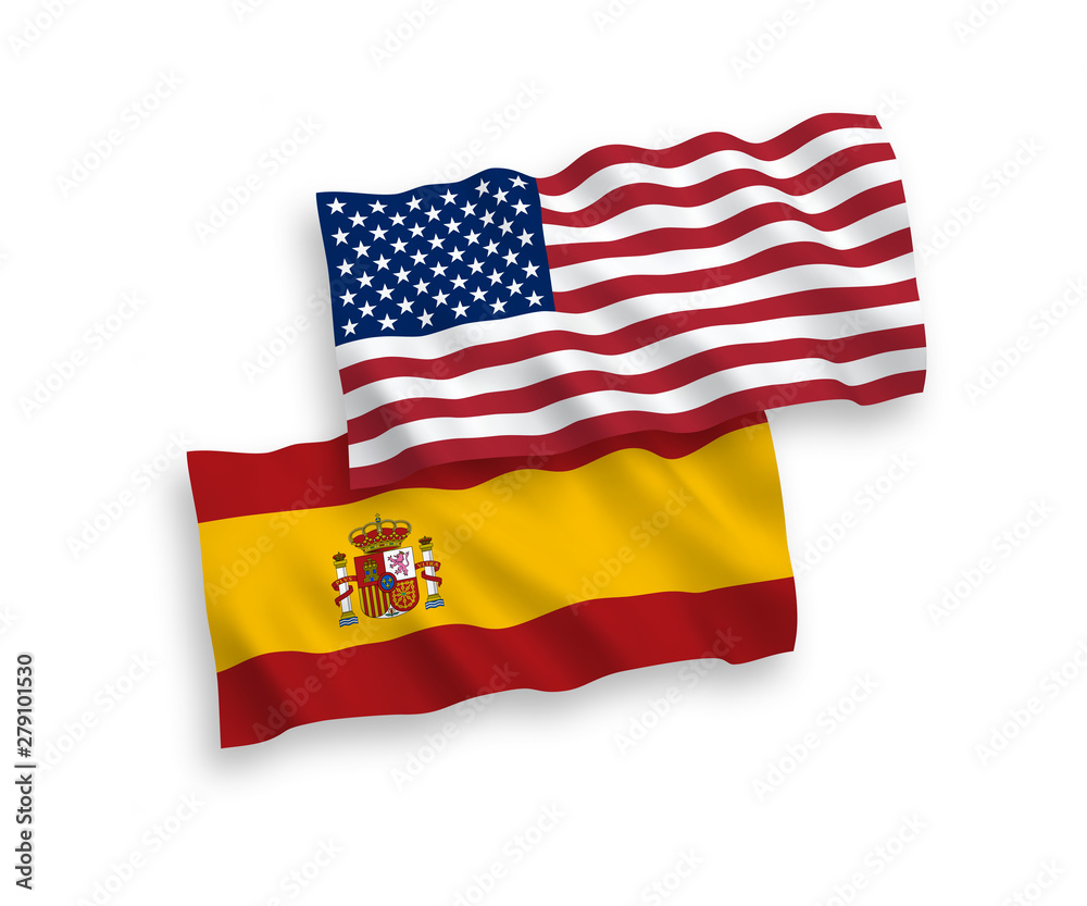 National vector fabric wave flags of Spain and USA isolated on white background. 1 to 2 proportion. National vector fabric wave flags of Spain and USA isolated on white background. 1 to 2 proportion.