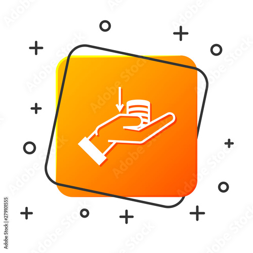 White Money on hand icon isolated on white background. Palm holds cash with down. Cash salary decrease. Orange square button. Vector Illustration