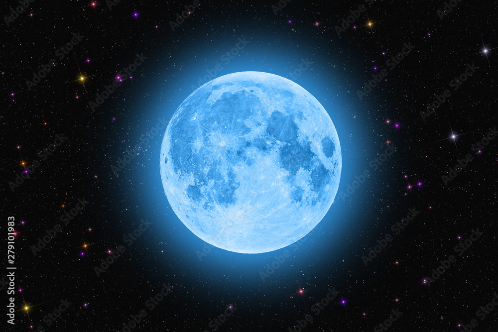 Blue super moon glowing against colorful starry sky dark background