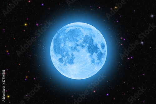 Blue super moon glowing against colorful starry sky dark background