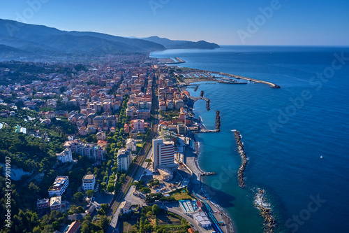Aerial photography with drone. The resort town of Chiavari Genoa, Italy.