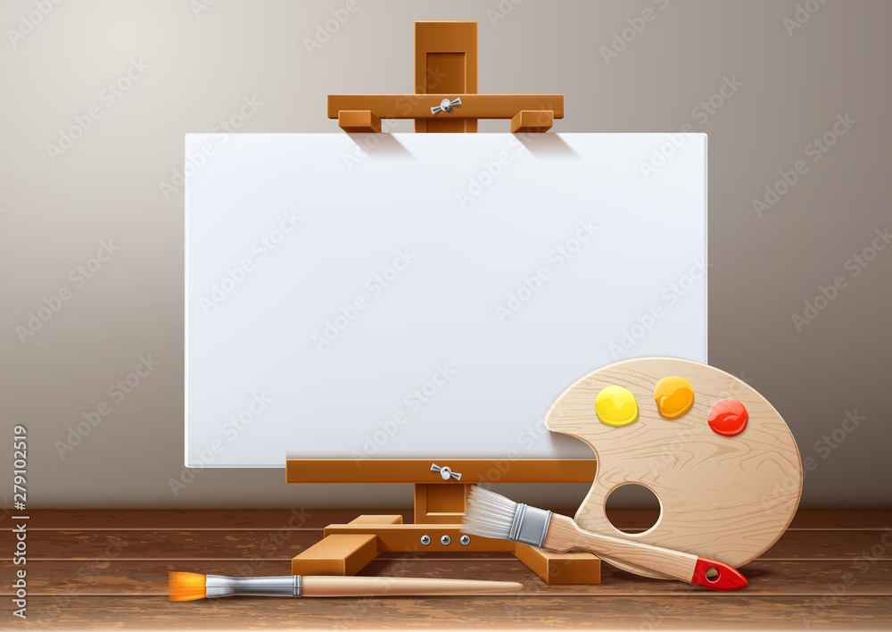 Vector wooden easel canvas paint palette brush