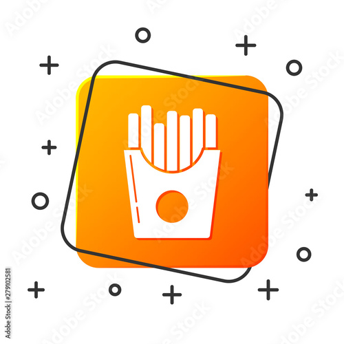 White Potatoes french fries in carton package box icon isolated on white background. Fast food menu. Orange square button. Vector Illustration