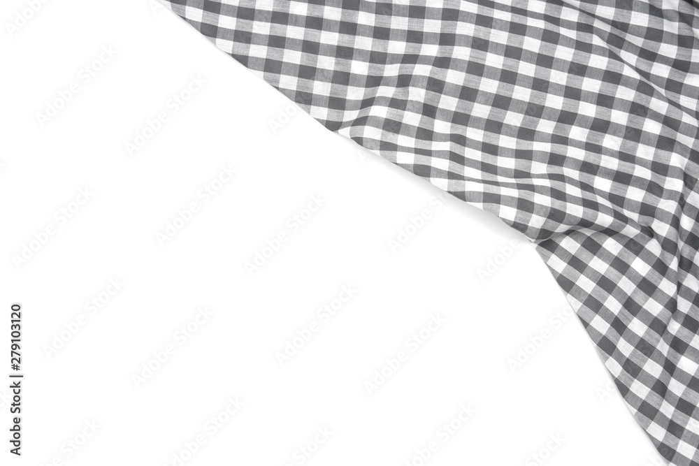 Wrinkled grey gingham fabric isolated on white background, with copy space. Wrinkled grey gingham fabric isolated on white background, with copy space.