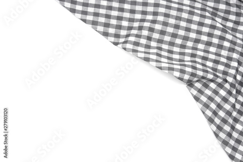 Wrinkled grey gingham fabric isolated on white background, with copy space. 