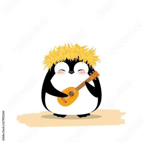 Cute penguin in hawaiian yellow grass wreath and ukulele. Summer vector illustration isolated on white background.