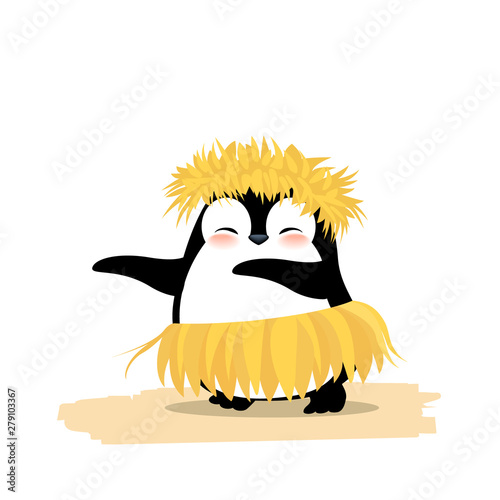 Cute penguin dancing hawaiian hula in yellow grass wreath and skirt. Summer vector illustration isolated on white background.