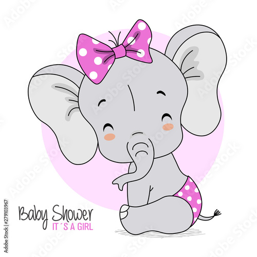 baby elephant sitting very smiling. Baby shower card © sonia