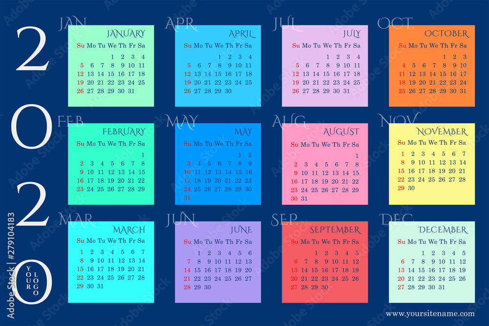 Rainbow wall calendar of 2020 with blocks of months on a dark blue background. Sundays highlighted in red. Raster version Rainbow wall calendar of 2020 with blocks of months on a dark blue background. Sundays highlighted in red. Raster version
