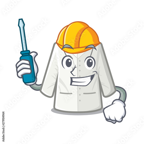 Automotive doctor coat hanging on cartoon wall