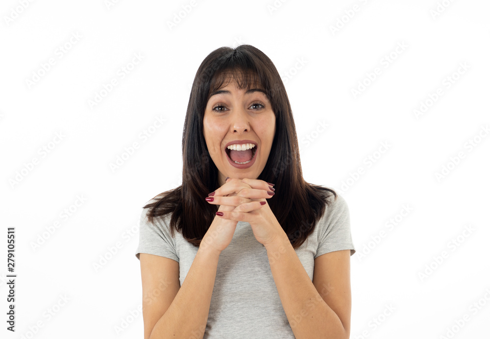 Close up portrait of surprised and happy woman celebrating victory and winning lottery Close up portrait of surprised and happy woman celebrating victory and winning lottery