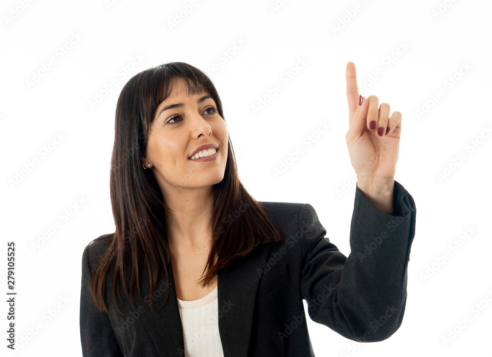 Portrait of a young beautiful and confident business woman pointing. Isolated on white background. Portrait of a young beautiful and confident business woman pointing. Isolated on white background.
