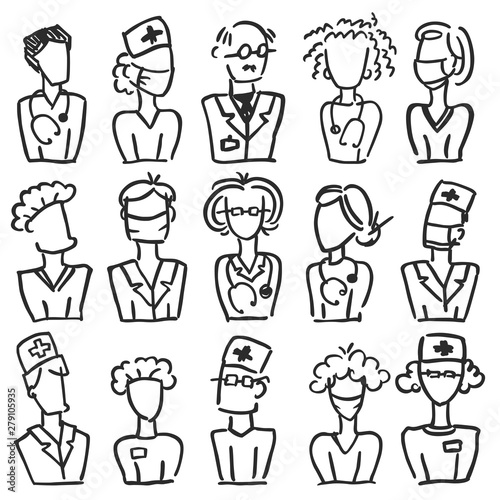 A set of vector doodle medical avatar team: therapist, doctor, surgeon, nurse for a hospital