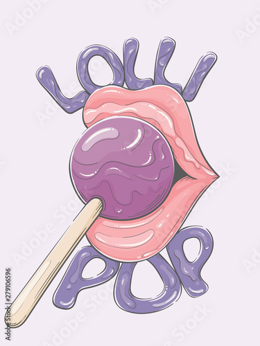 Woman's lips and colorful lollipop. Seductive illustration