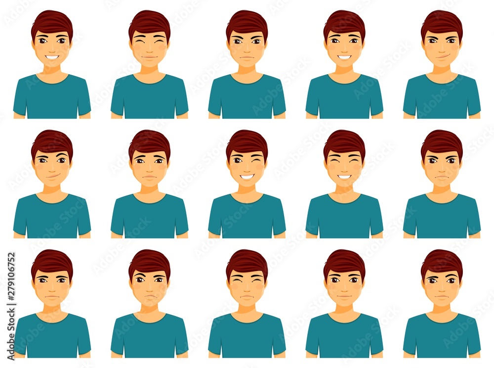 A large set of emotions. Portraits of a young man. Angry, happy, confused, wink, sad. Flat style on white background. Cartoon. A large set of emotions. Portraits of a young man. Angry, happy, confused, wink, sad. Flat style on white background. Cartoon.