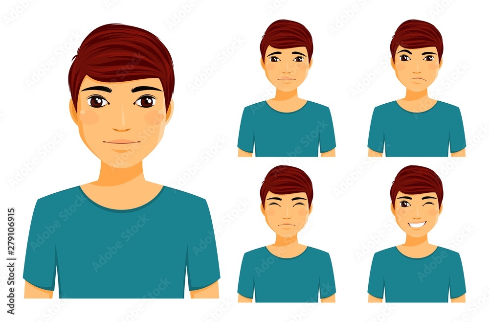 Set of emotions. A young man shows different emotions. Wink, confused, smiling, happy. Flat style on white background. Cartoon. Set of emotions. A young man shows different emotions. Wink, confused, smiling, happy. Flat style on white background. Cartoon.