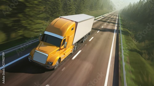 Wallpaper Mural Semi truck with trailer driving through the green forest during sunny day. 4K Torontodigital.ca