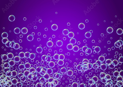 Soap cleaning foam background. Shampoo bubbles and suds. Stylish spray and splash. Realistic water frame and border. 3d vector illustration poster. Purple colorful liquid soap cleaning.