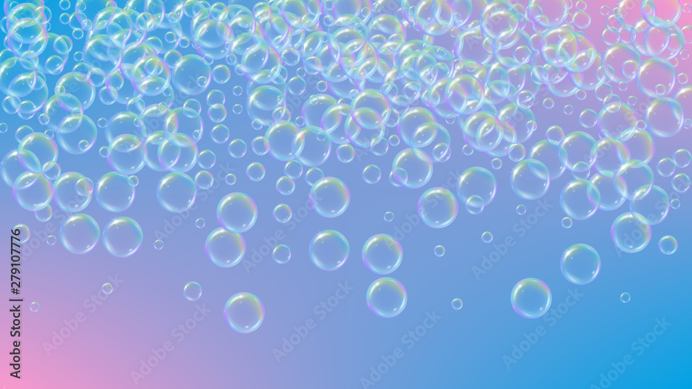 Soap cleaning foam background. Shampoo bubbles and suds. 3d vector illustration invite. Bright spray and splash. Realistic water frame and border. Purple colorful liquid soap cleaning.