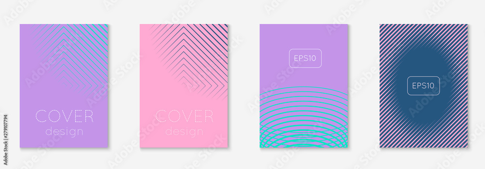 Set brochure. Wavy report, banner, invitation, book layout. Purple and turquoise. Set brochure as minimalist trendy cover. Line geometric element.