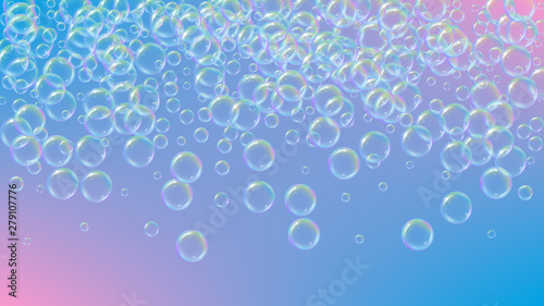 Soap cleaning foam background. Shampoo bubbles and suds. 3d vector illustration invite. Bright spray and splash. Realistic water frame and border. Purple colorful liquid soap cleaning.