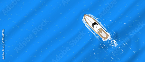 The yacht floats, top view. Racing on the waves, pleasure boat, motor boat. Flat style tourist yacht aerial view. Summer escape template for web banner. Top view of the sports boat. Vector