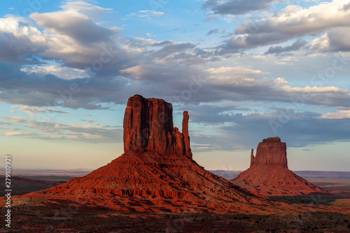 The famous Merrick and Mittens Buttes from monument valley basking in the Light of the setting sun.