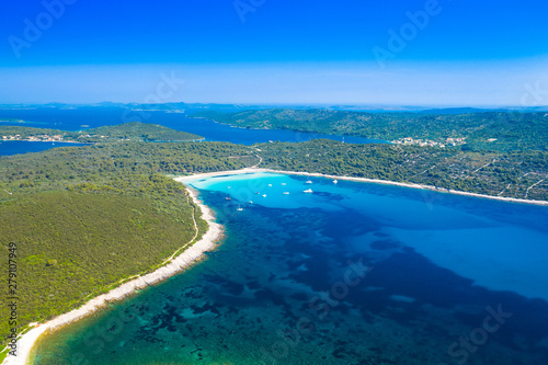 Aerial view of beautiful azure turquoise lagoon bay on Sakarun beach on Dugi Otok island, Croatia, beautiful seascape and popular tourist destination