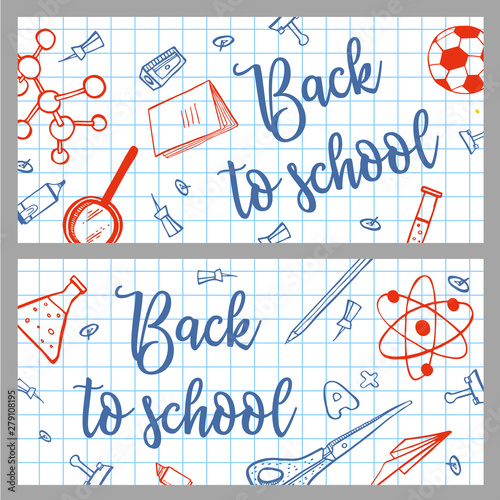 Back to school banners. Two compositions with school items. Sketch on notebook page. Hand drawn outline doodle vector illustration