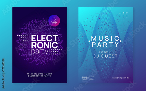 Electronic fest. Creative show invitation set. Dynamic fluid shape and line. Neon electronic fest flyer. Electro dance music. Trance sound. Club event poster. Techno dj party.