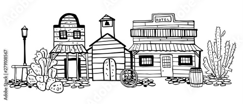 America Wild West town street view with cactuses. Hand drawn outline sketch doodle vector illustration 