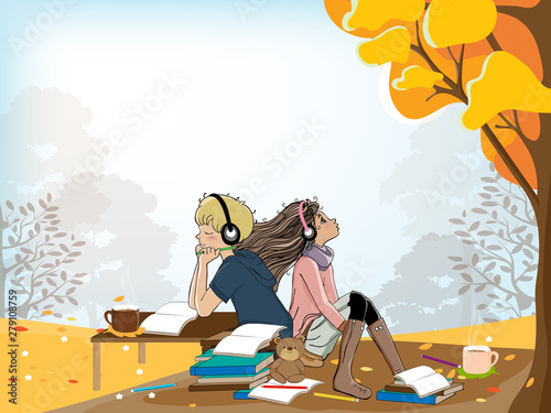 Cute cartoon of Schoolboy and girl with headphones listening to music while doing school homework under the tree. Vector of student sitting together in autumn field,Back to school concept