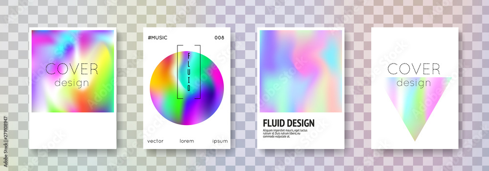 Holographic fluid set. Abstract backgrounds. Vibrant holographic fluid with gradient mesh. 90s, 80s retro style. Iridescent graphic template for brochure, banner, wallpaper, mobile screen
