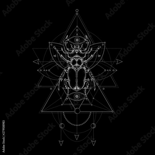 Vector illustration with hand drawn stag beetle and Sacred geometric symbol on white background. Abstract mystic sign.