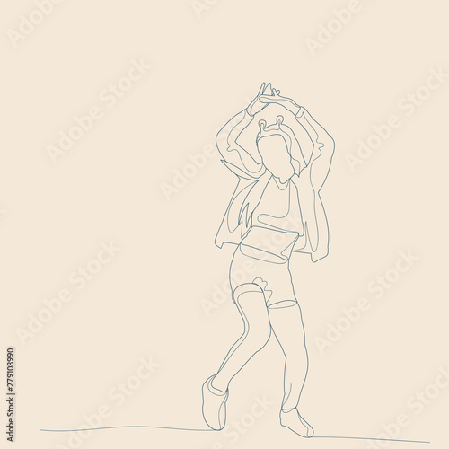 vector, isolated, sketch of a child with lines, on a beige background, a girl is dancing