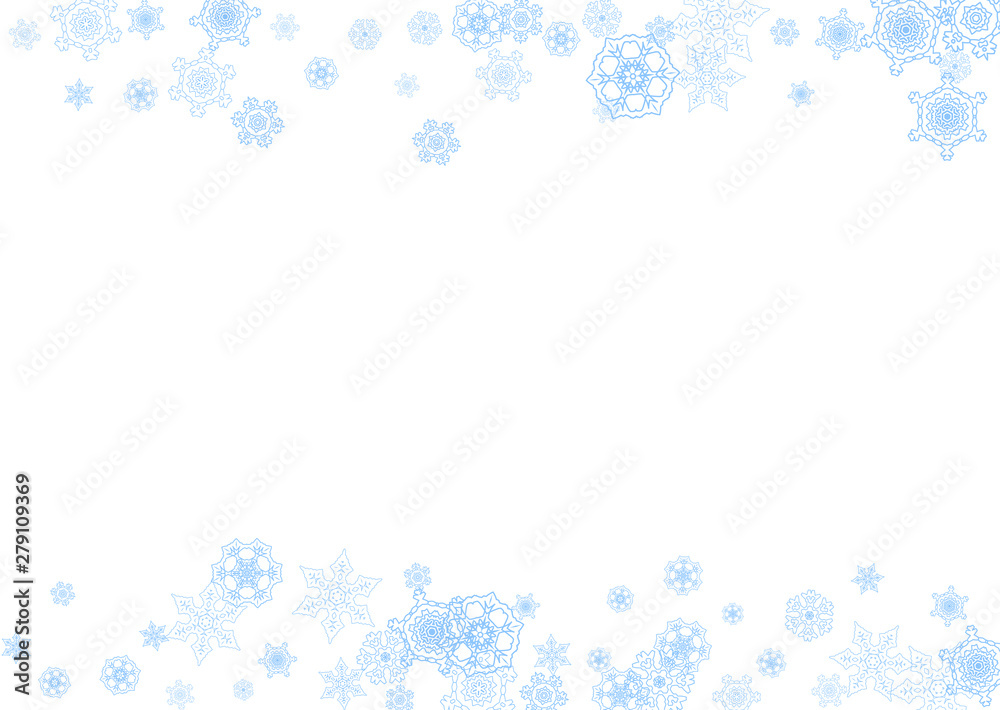 Winter frame with blue snowflakes for Christmas and New Year celebration. Horizontal winter frame on white background for banners, gift coupons, vouchers, ads, party events. Falling frosty snow. Winter frame with blue snowflakes for Christmas and New Year celebration. Horizontal winter frame on white background for banners, gift coupons, vouchers, ads, party events. Falling frosty snow.