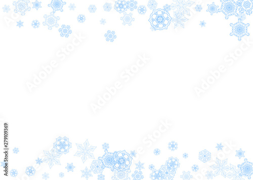 Winter frame with blue snowflakes for Christmas and New Year celebration. Horizontal winter frame on white background for banners, gift coupons, vouchers, ads, party events. Falling frosty snow.
