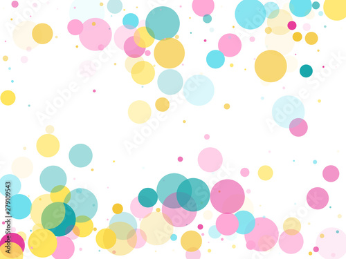 Memphis round confetti festive background in cyan blue, pink and yellow. Childish pattern vector.