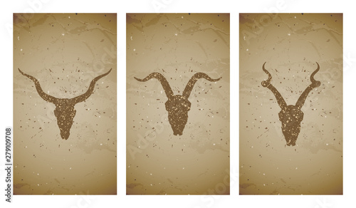 Vector set of three illustrations with grunge silhouettes skulls antelopes and goat on old texture background. Vintage sketch in sepia color.