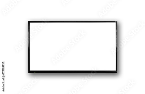 LCD TV with thin black frame hanging on white wall. Blank white screen. Isolated on white background © OB production