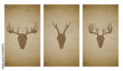 Vector set of three illustrations with grunge silhouettes skulls stag and roe deer on old texture background. Vintage sketch in sepia color.