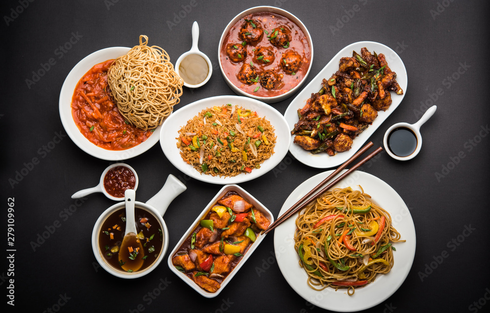 Assorted Indo chinese dishes in group includes Schezwan/Szechuan hakka