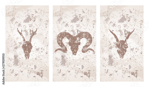 Vector set of three illustrations with hand drawn silhouettes skulls roe deer, goat and ram on grunge texture background.