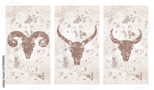 Vector set of three illustrations with hand drawn silhouettes skulls wild buffalo, bull and ram on grunge texture background.