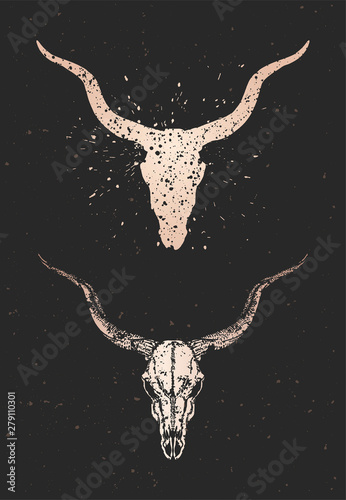 Vector illustration with two variants of hand drawn antelope skull on black background. Gold silhouettes and contour with grunge texture.