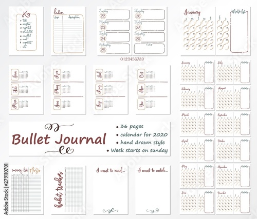 Set of 36 multicolored pages for Bullet Journal with caledar on 2020 year with a week that starts from Sunday. Diary template.