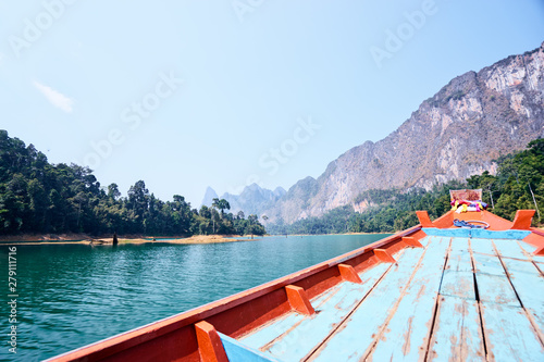 Beautiful mountains lake river sky and natural attractions in Ratchaprapha Dam at Khao Sok National Park, Surat Thani Province, Thailand. © luengo_ua